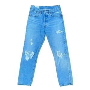 Levis 501 Original Fit Distressed Straight Leg Jeans Medium Wash Blue W26 L28